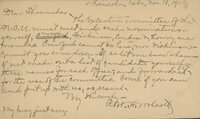 Handwritten postcard from Robert H. Wolcott to Frank H. Shoemaker, "The executive committee of the N.O.U. must meet and make nominations yourself, myself, Dickinson, Condra(?)..."