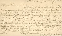 Handwritten postcard from Robert H. Wolcott to Frank H. Shoemaker, "Arrived here all o.k. at 12: 40 a.m.- saw Miss Caldwell to a hash(?) and then..."