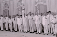 Nguyá»…n KhÃ¡nh at a formal meeting. He is among a line of men.
