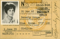 Beverly Keever's MACV press card. The card lists her card number, name, birth date, eye color, hair color, height, weight, authorized patronage (i.e. she is listed as having access to the theater, commisary, medical facitities, and exchange), and military grade. The card also records the issuing office, place of issue, issuing officer, issue date, and expiration date