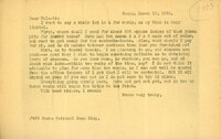 Typewritten letter, 1 page, from Robert H. Wolcott to unknown (likely Frank H. Shoemaker), "I want to say a whole lot in a few words, as my time is very limited. First, where shall I send for about 800 square inches of that yucca pith for insect boxes?"