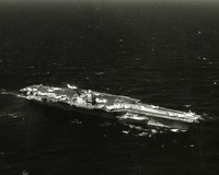 USS Ranger at sea. Photo is taken of the whole ship from the side.