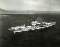 USS Midway, an American aircraft carrier, on the sea.