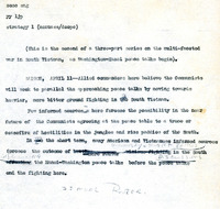 Original title: "strategy", Keever's title: "Communists to Parallel Peace Talks with Fighting." Article about the North Vietnamese/Communist plan to continue gurellla warfare in South Vietnam as peace talks with the west unfold, since Allied (American) commanders reject the idea of a ceasefire. Communist/Vi?t C?ng tactics seem to have changed from Protracted People's War to short term offensives, likely due to the successes of the Tet Offensive earlier that year. The bulk of the article goes over elaborating on this strategic change. For the Christian Science Monitor