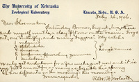 Handwritten letter, 1 page, from Robert H. Wolcott to Frank H. Shoemaker, "Saturday Bruner, Swenk, two others and myself went by a clay pit over on the basin- Frogs out, one butterfly, and many 'taggers'."