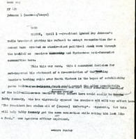 Original title: "johnson", Keever's title: "LBJ's No-Election Bid Shocks Saigon." Article draft written by Keever about the reaction of the South Vietnamese government to Lyndon B. Johnson's decision not to run for a second term. Written for the Christian Science Monitor