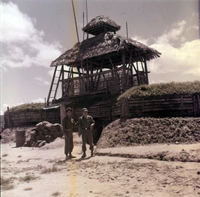 Two Vietnamese soldiers stand next to a wooden structure.