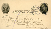 Handwritten postcard from Robert H. Wolcott to Frank H. Shoemaker, "Just beentalking with Dr. Ward and he thinks I should be in Omaha Tuesday to look up some Medical School matters."