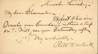 Handwritten postcard from Robert H. Wolcott to Frank H. Shoemaker, "Expect to be in Omaha over Sunday is there a trip on? Will be see you Saturday aft"