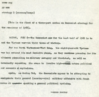 Original title: "strategy", Keever's title: "Captured Viet Cong Document calls for Political Explosions, Economic Chaos, Assassinations and Urgent Military Attacks." Article draft about the goal of Communist Victory by 1969. Written for the Christian Science Monitor