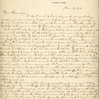 Handwritten letter, 1 page, from Robert H. Wolcott to Frank H. Shoemaker, "I spent much of Saturday and all yesterday labelling and arranging 'taggers' and picking out specimens for Harris."