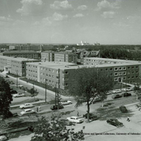 Seaton, Fairfield and Benton Halls during construction, 1947.