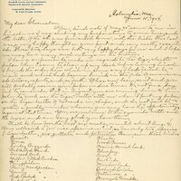 Handwritten letter, 2 pages, from Robert H. Wolcott to Frank H. Shoemaker, "Your kind note of May W carner lg(?) me in Lincoln as I was making my preparations lg(?) come here and the letter from of the 6th was forwarded lower, with the lists."