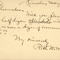 Handwritten postcard from Robert H. Wolcott to Frank H. Shoemaker, "Will you please bring down a half dozen splendid with copying..."