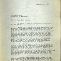 1 of 2
Letter from Lieut. F. F. Jewett to Chancellor Burnett, December 27, 1928 calling attention to the role of the band as a university organization and therefore the need for the university to support the R.O.T.C. band with funds for uniforms and travel arrangements.