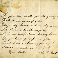 Handwritten 1 page letter from A. R. Cutler to Marcia Bruner, "The proudest motto for the young! Write it in words…"