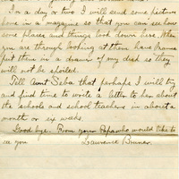 Handwritten 2 page letter from Lawrence Bruner to Helen Bruner, "I don't have much time to write you a letter now, but will send a few words along with this one to Mamma."