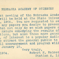 Typewritten postcard from Robert H. Wolcott to Frank H. Shoemaker, "The next meeting of the Nebraska Academy of ciences will be held at the State University, Jan. 27 and 28, 1905."