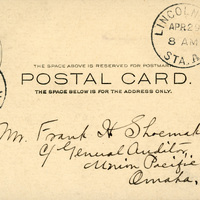 Handwritten postcard from Robert H. Wolcott to Frank H. Shoemaker, "Will arrive Omaha, with medical excursion, tomorrow morning at 7:30 (approximately)."