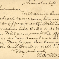 Handwritten postcard from Robert H. Wolcott to Frank H. Shoemaker, "Will arrive Omaha, with medical excursion, tomorrow morning at 7:30 (approximately)."