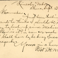 Handwritten postcard from Robert H. Wolcott to Frank H. Shoemaker, "Just beentalking with Dr. Ward and he thinks I should be in Omaha Tuesday to look up some Medical School matters."