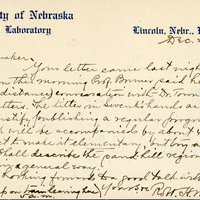 Handwritten letter, 1 page, from Robert H. Wolcott to Frank H. Shoemaker, "Your letter from came but last night, but as I came down this morning Prof. Bruner paid he had had a phone ) long distance conversation with Dr. Towne and arranged matters."
