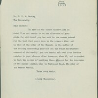 The acting chancellor, William G. Hastings, wrote to Luckey stating that in light of the hearings he is relieved of his teaching duties.