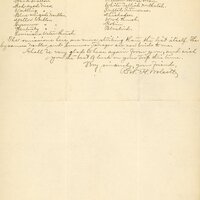 Handwritten letter, 2 pages, from Robert H. Wolcott to Frank H. Shoemaker, "Your kind note of May W carner lg(?) me in Lincoln as I was making my preparations lg(?) come here and the letter from of the 6th was forwarded lower, with the lists."