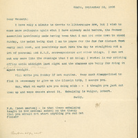 Typewritten letter, 1 page, from unknown (likely Frank H. Shoemaker) to Robert H. Wolcott, "I have only a minute to devote to litterature now, but I wish to once more reiterate again what I have already said before, the former assertion previously made having been..."