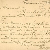 Handwritten postcard, from Robert H. Wolcott to Frank H. Shoemaker, "Your letter from just received minus the card. Have you sent a notice to Miss Agnes M. Dawson..."