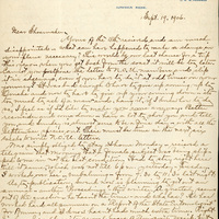 Handwritten 2 page letter from Robert H. Wolcott to Frank H. Shoemaker, "Yours of the 18th recieved and am much disappointed- what can have happend to make a change in your plans necessary?"