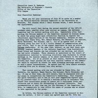 In this letter Professor Grajeda respectfully declines a request  by chancellor Zumberge for Grajeda to remain on the Chancellor's Advisory Committee on Mexican-American affairs. Of all the people that are asked to remain or become new members, Grajeda is the only one who declines. He gives his reasoning in a mater-of-fact recall of the happenings of the past two years in the committee (click on thumbnail to enlarge image).