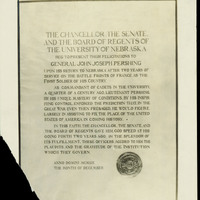 Board of Regents and Senate at the University of Nebraska presented felicitations and gratitude to J.J. Pershing on all of his achievements in World War I.