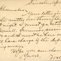Handwritten postcard from Robert H. Wolcott to Frank H. Shoemaker, "Your letter just here- I talked the matter over thoroughly with Ward last night. I must go between May 27 and June 11."