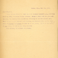 Typewritten letter, 1 page, from Frank H. Shoemaker to Robert H. Wolcott, "Deue violent (D.V.) I shall come to Lincoln tomorrow p.m., arriving 4:35 or 5:30, returning Sunday evening. Sorry I could not let you know earlier, but ascertained possibility of doing so not ten minutes ago."