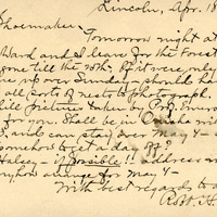 Handwritten postcard from Robert H. Wolcott to Frank H. Shoemaker, "Tomorrow night at 1:20 Prof. Bruner, Dr. War and I leave for the Forest Reserve at Halsey, she gone till the..."