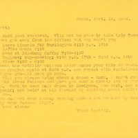Typewritten letter, 1 page, from unknown (likely Frank H. Shoemaker) to Robert H. Wolcott, "Your card just received. Will not be able to take trip Tuesday, as I can not get away from the office: but why can't you Leave Lincoln..."