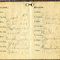 Bound by string with a thin leather cover, these dance cards were often used at dances held by the university or fraternal organizations. In this particular case, a fraternal organization put on the formal, as can be seen by the mens name behind the dance, with their Greek letters following their name.