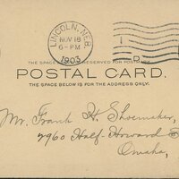Handwritten postcard from Robert H. Wolcott to Frank H. Shoemaker, "The executive committee of the N.O.U. must meet and make nominations yourself, myself, Dickinson, Condra(?)..."