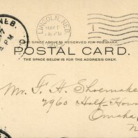 Handwritten postcard from Robert H. Wolcott to Frank H. Shoemaker, "Arrived here all o.k. at 12: 40 a.m.- saw Miss Caldwell to a hash(?) and then..."