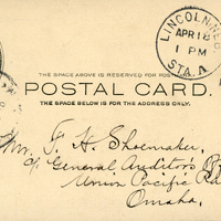 Handwritten postcard from Robert H. Wolcott to Frank H. Shoemaker, "Tomorrow night at 1:20 Prof. Bruner, Dr. War and I leave for the Forest Reserve at Halsey, she gone till the..."