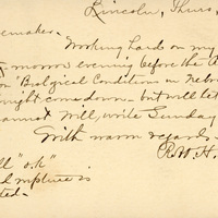 Handwritten postcard from Robert H. Wolcott to Frank H. Shoemaker, "Working hard on my president's address..."