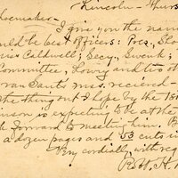 Handwritten postcard from Robert H. Wolcott to Frank H. Shoemaker, "I give you the ames of those I think would be best officers: Pres. Frank H. Shoemaker; Vice-Pres, Miss Caldwell;..."