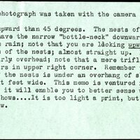 Frank H. Shoemaker, typescript, 3 pages, on snake hunting in Cliff Swallow nests, with an accompanying note and photo.