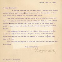 Handwritten letter, 1 page, from Robert H. Wolcott to Frank H. Shoemaker, "I enclose receipts for the money sent. I am very glad indeed to know of your safe return since when you got on the car here I had some doubts as to whether you would make your train."