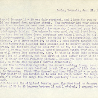 Typewritten letter, 2 pages, from Frank H. Shoemaker to Robert H. Wolcott, "Your letter of January 12-18 was duly received, and I hope the run of hard luck of which it told has turned down another street."