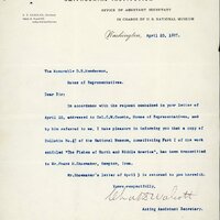 Typewritten letter, 1 page, from  Chas D. Wolcott to the Honorable D.B. Henderson, "In accordance with the request contained in your letter from of April 10, addressed to Col.C.W.Coombs, House of Representative, and by him referred to me..."