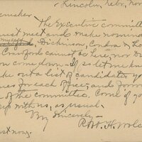Handwritten postcard from Robert H. Wolcott to Frank H. Shoemaker, "The executive committee of the N.O.U. must meet and make nominations yourself, myself, Dickinson, Condra(?)..."