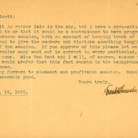 Typewritten letter, 1 page, from Frank H. Shoemaker to Robert H. Wolcott, "It is rather late in the day, but I have a proposition to make. It occured to me that it would be a convenience to have programs of the public afternoon session..."