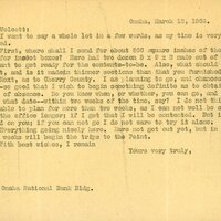 Typewritten letter, 1 page, from Robert H. Wolcott to unknown (likely Frank H. Shoemaker), "I want to say a whole lot in a few words, as my time is very limited. First, where shall I send for about 800 square inches of that yucca pith for insect boxes?"